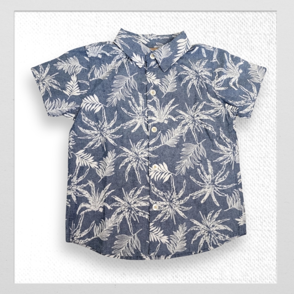 Denim/White Palm Tree Button-Down Shirt, Kid's 3T